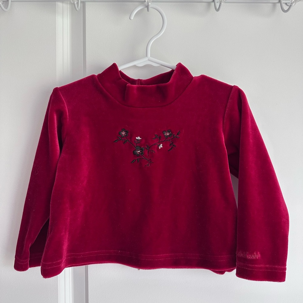 Vintage OshKosh B’gosh Red Velvet Embroidered Long Sleeve Top 2T
